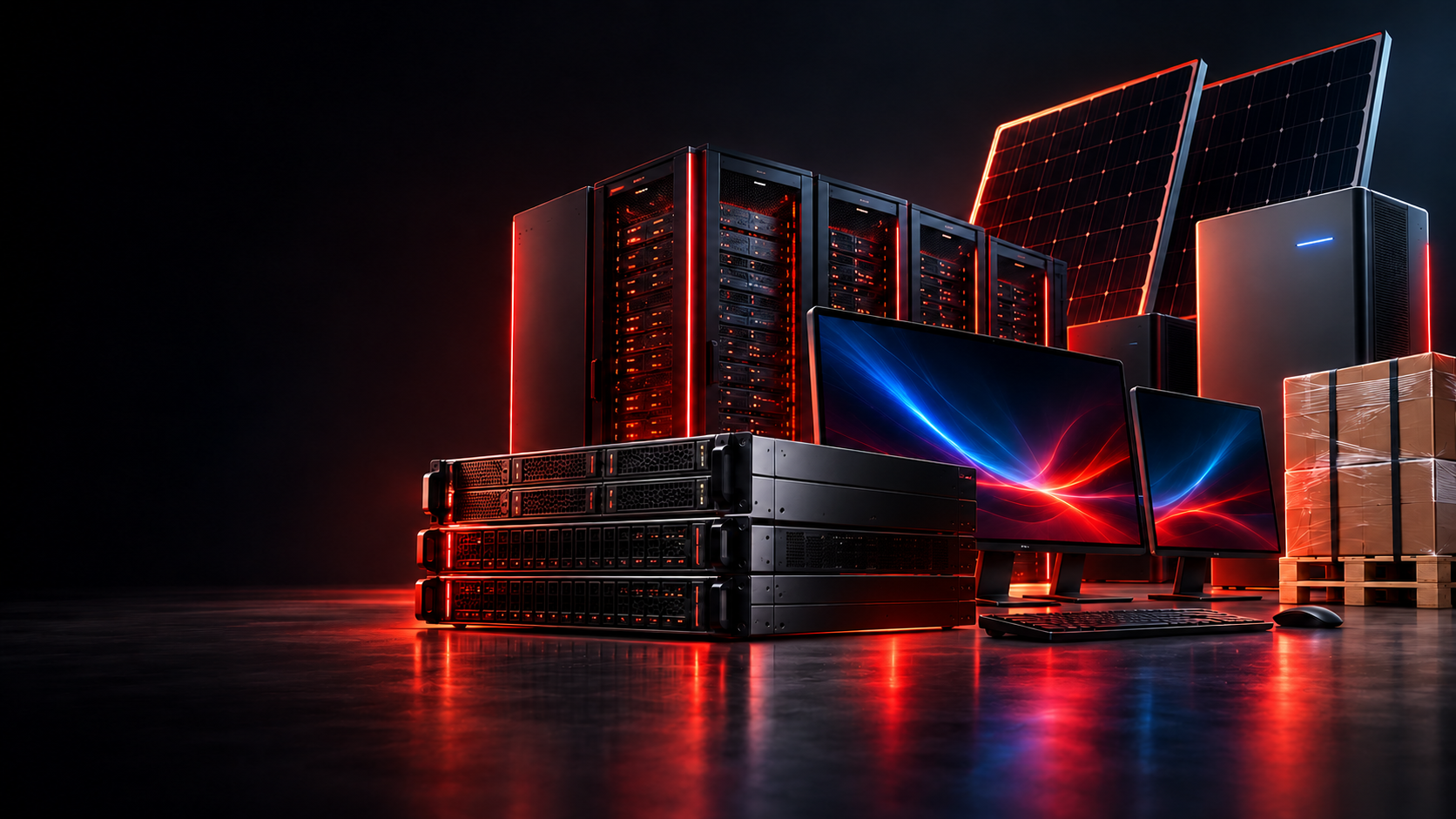 Serverracks, Business-Monitore, Solarprodukte und Palettenware als BN-ELEKTRO B2B-Titelbild ohne Herstellerlogos